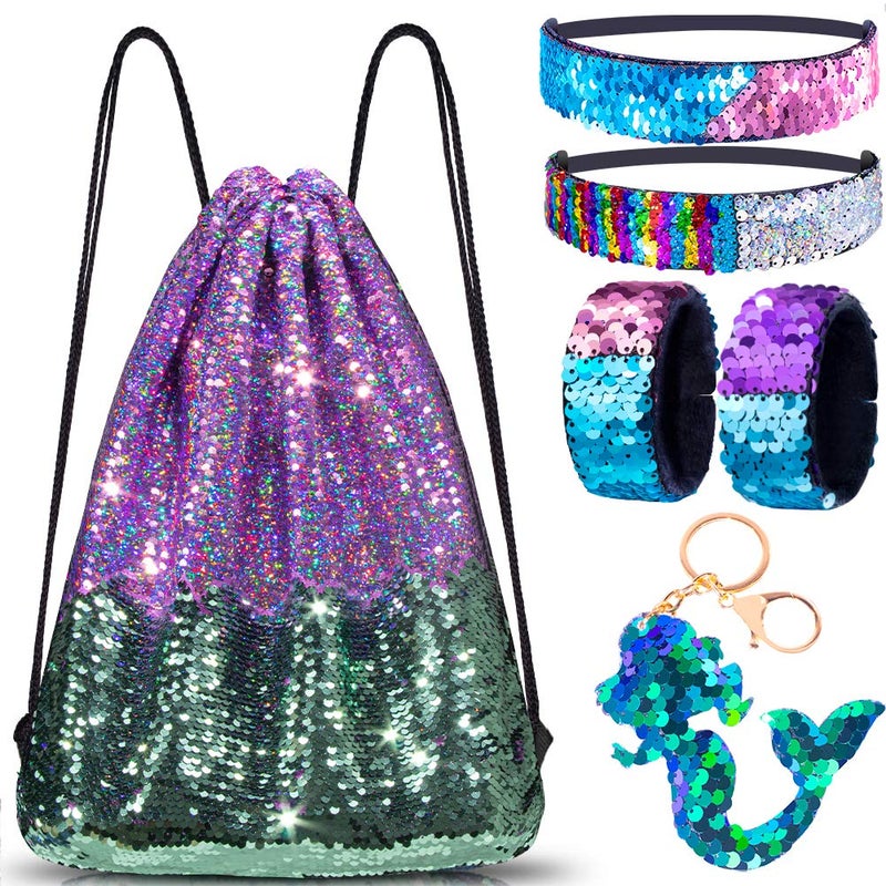 GA&EN Mermaid Reversible Sequin Drawstring Backpack/Bag Iridescent Dotted Dark SeaGreen/Purple for Kids Girls One_Size - Image 1